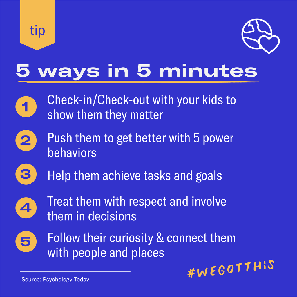 5 ways to show your kid they matter in 5 minutes includes checking in, the power behaviors, goal setting, respect and decision making and following their curisosity. 