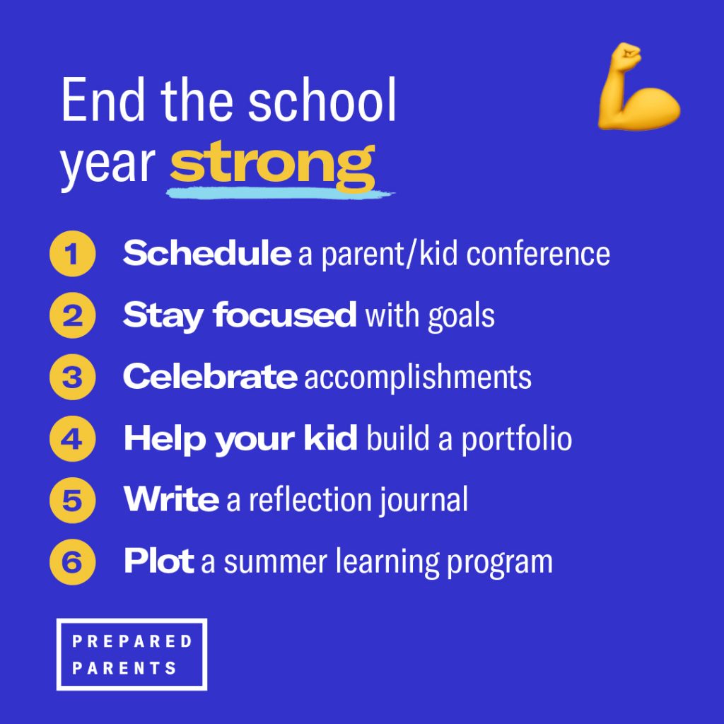 end the school year strong by scheduling a parent kid conference, setting goals, celebrating accomplishments, writing reflections and plan a summer program. 