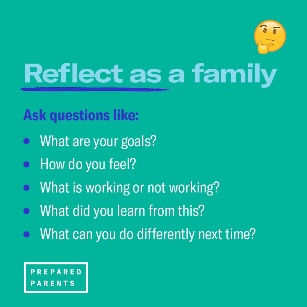 Reflect as a family by asking what are your goals, how do you feel, what is working or not working, what did you learn from this and what can you do differently next time?