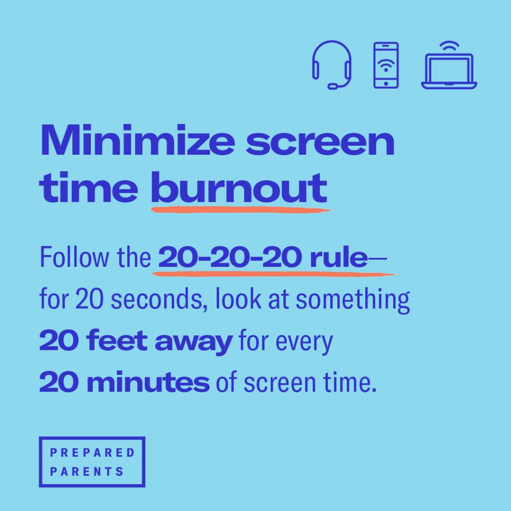 Minimize screen time burnout by following the 20 20 20 rule.  For 20 seconds look at something 20 feet away for every 20 minutes of screen time 